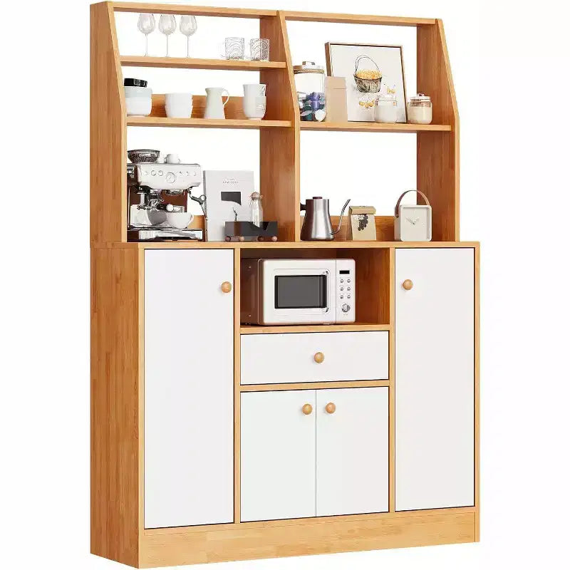 Credenza da Caffè Piccola da Fattoria con 4 Ante, Ripiani Regolabili e Cassetto, Caffè + Bianco