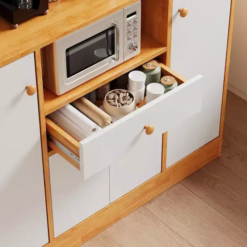 Credenza da Caffè Piccola da Fattoria con 4 Ante, Ripiani Regolabili e Cassetto, Caffè + Bianco
