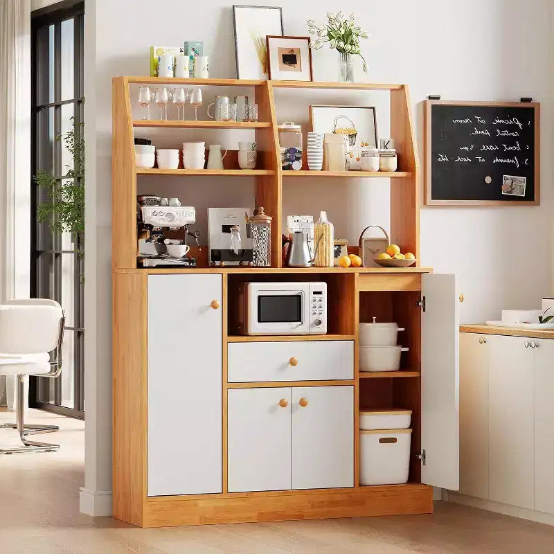 Credenza da Caffè Piccola da Fattoria con 4 Ante, Ripiani Regolabili e Cassetto, Caffè + Bianco