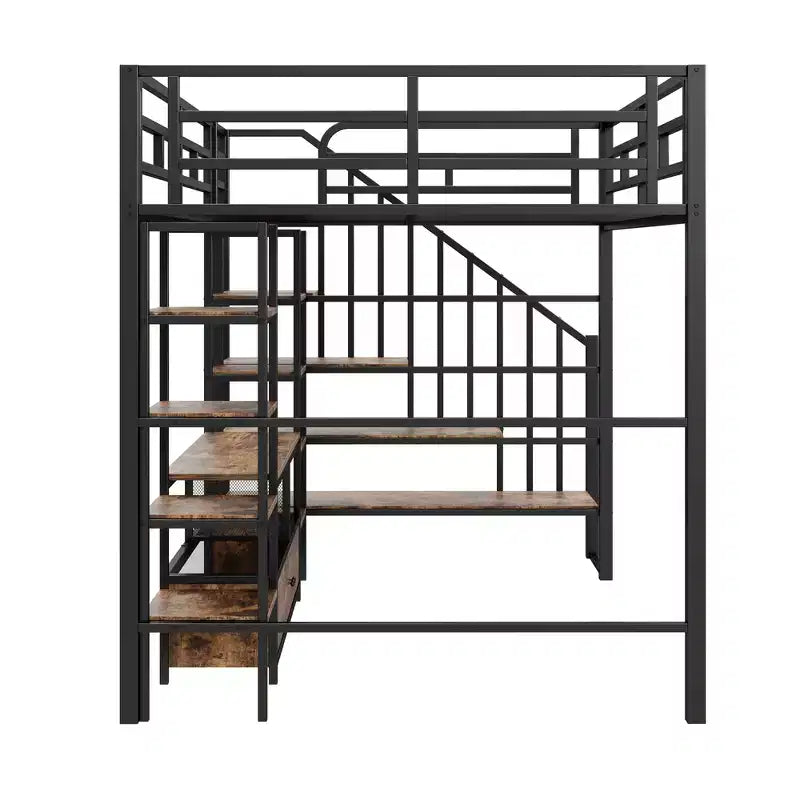 Struttura letto a soppalco in metallo full size con scala, struttura letto in metallo con tavolo basso contenitore e ripiani per bambini, ragazzi e adulti