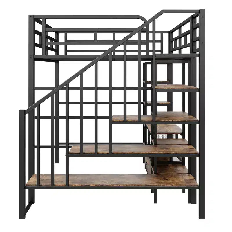 Struttura letto a soppalco in metallo full size con scala, struttura letto in metallo con tavolo basso contenitore e ripiani per bambini, ragazzi e adulti