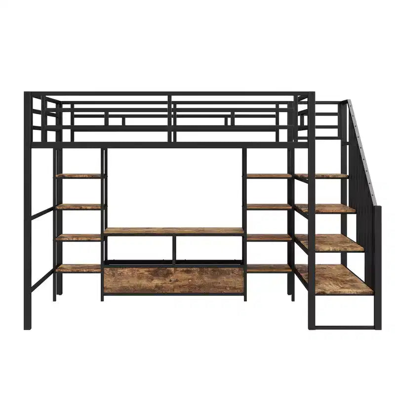 Struttura letto a soppalco in metallo full size con scala, struttura letto in metallo con tavolo basso contenitore e ripiani per bambini, ragazzi e adulti