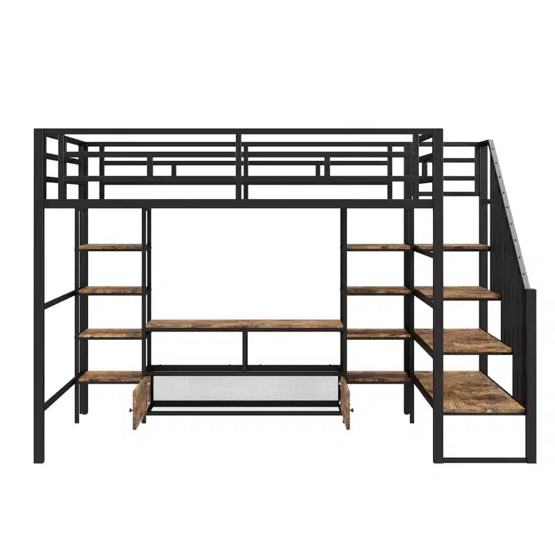 Struttura letto a soppalco in metallo full size con scala, struttura letto in metallo con tavolo basso contenitore e ripiani per bambini, ragazzi e adulti