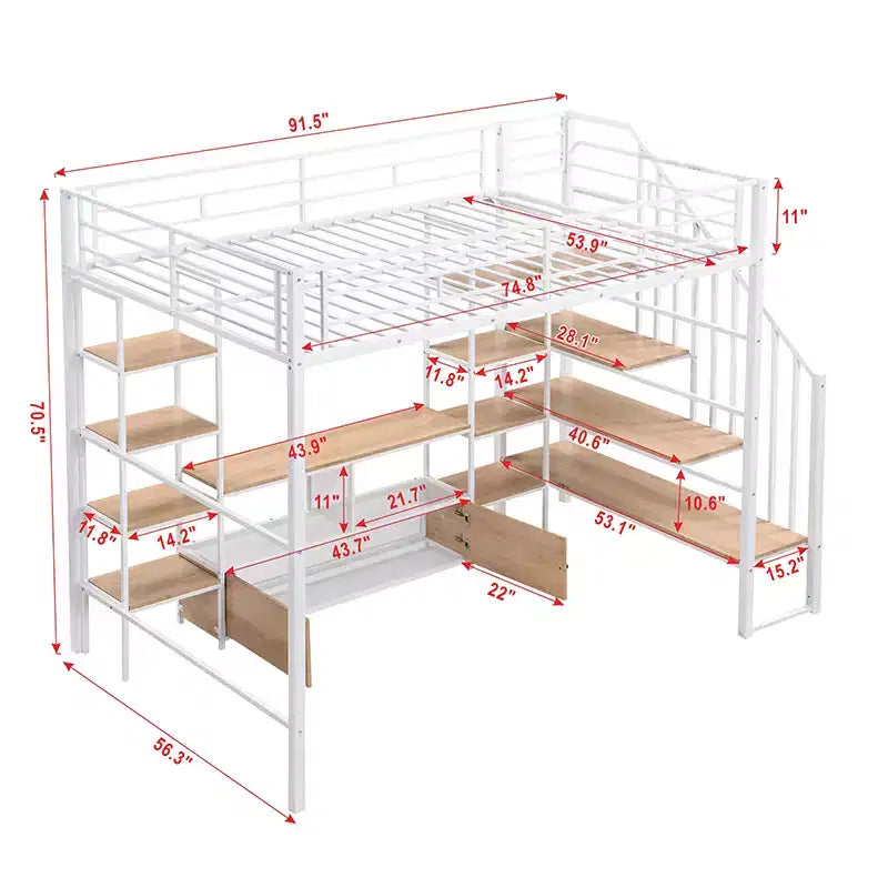 Struttura letto a soppalco in metallo full size con scala, struttura letto in metallo con tavolo basso contenitore e ripiani per bambini, ragazzi e adulti