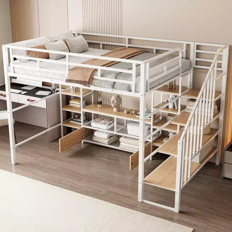 Struttura letto a soppalco in metallo full size con scala, struttura letto in metallo con tavolo basso contenitore e ripiani per bambini, ragazzi e adulti
