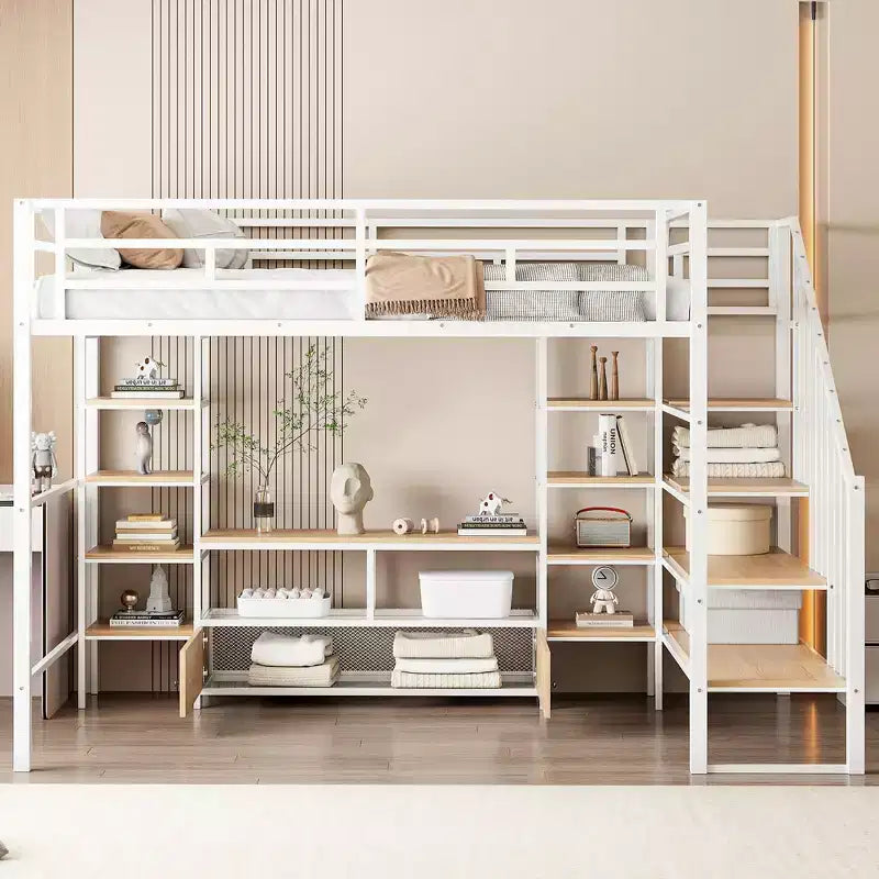 Struttura letto a soppalco in metallo full size con scala, struttura letto in metallo con tavolo basso contenitore e ripiani per bambini, ragazzi e adulti
