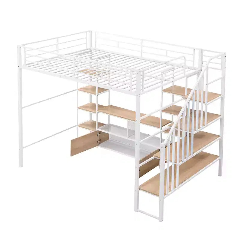 Struttura letto a soppalco in metallo full size con scala, struttura letto in metallo con tavolo basso contenitore e ripiani per bambini, ragazzi e adulti