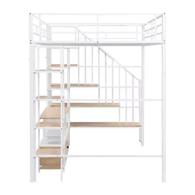 Struttura letto a soppalco in metallo full size con scala, struttura letto in metallo con tavolo basso contenitore e ripiani per bambini, ragazzi e adulti