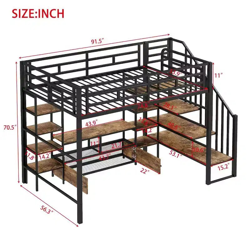 Struttura letto a soppalco in metallo full size con scala, struttura letto in metallo con tavolo basso contenitore e ripiani per bambini, ragazzi e adulti