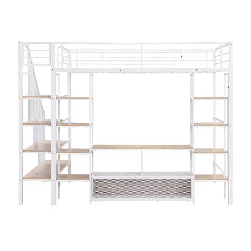 Struttura letto a soppalco in metallo full size con scala, struttura letto in metallo con tavolo basso contenitore e ripiani per bambini, ragazzi e adulti