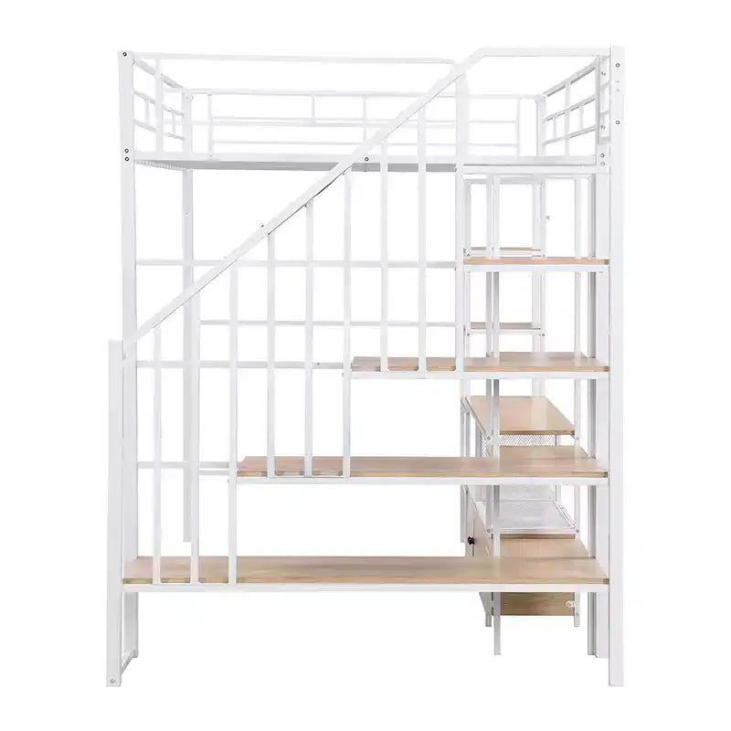 Struttura letto a soppalco in metallo full size con scala, struttura letto in metallo con tavolo basso contenitore e ripiani per bambini, ragazzi e adulti