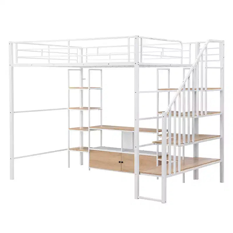 Struttura letto a soppalco in metallo full size con scala, struttura letto in metallo con tavolo basso contenitore e ripiani per bambini, ragazzi e adulti