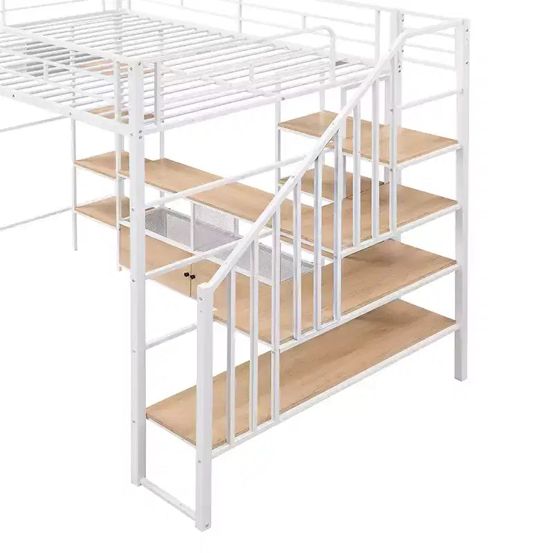 Struttura letto a soppalco in metallo full size con scala, struttura letto in metallo con tavolo basso contenitore e ripiani per bambini, ragazzi e adulti