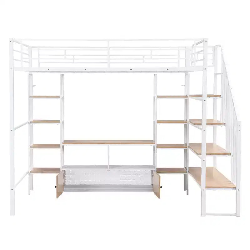 Struttura letto a soppalco in metallo full size con scala, struttura letto in metallo con tavolo basso contenitore e ripiani per bambini, ragazzi e adulti