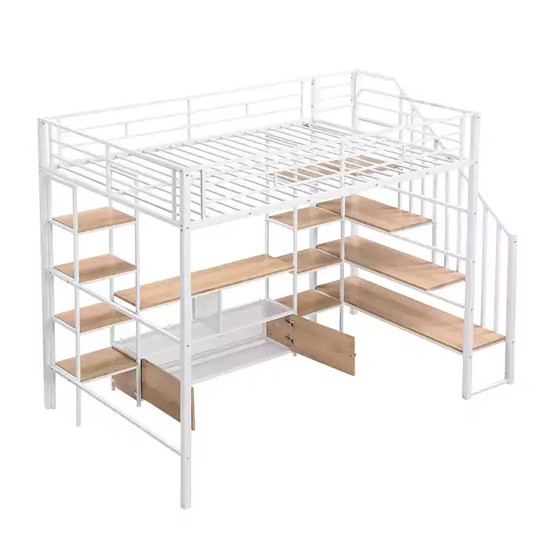 Struttura letto a soppalco in metallo full size con scala, struttura letto in metallo con tavolo basso contenitore e ripiani per bambini, ragazzi e adulti