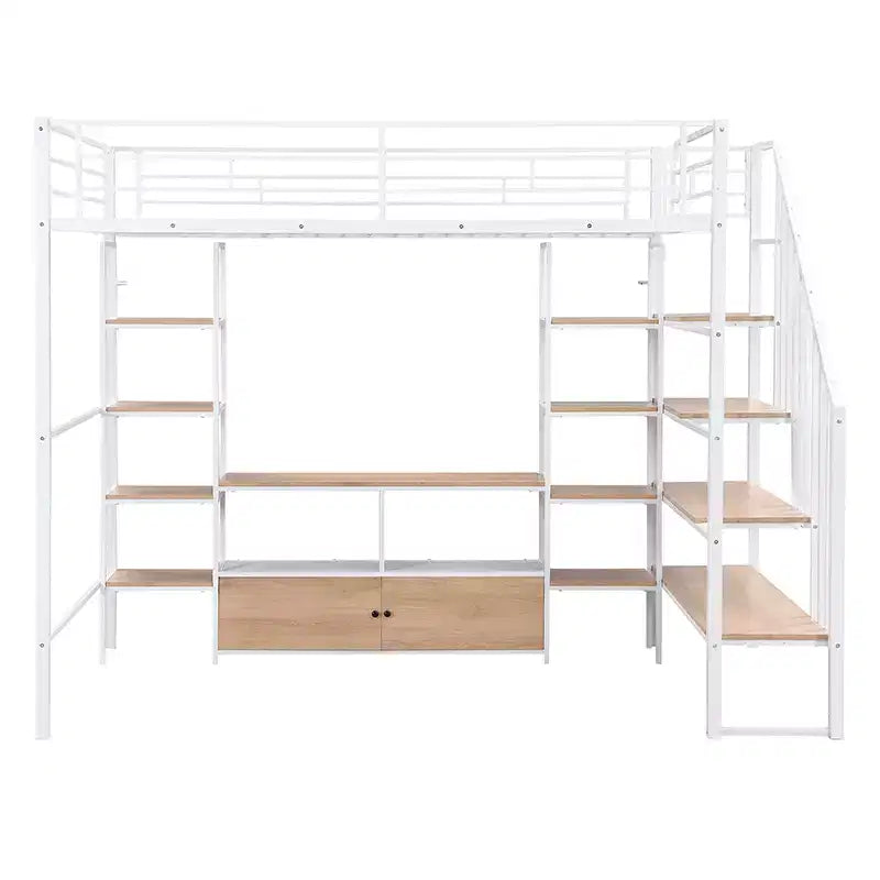 Struttura letto a soppalco in metallo full size con scala, struttura letto in metallo con tavolo basso contenitore e ripiani per bambini, ragazzi e adulti