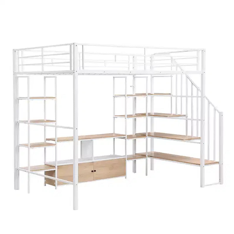 Struttura letto a soppalco in metallo full size con scala, struttura letto in metallo con tavolo basso contenitore e ripiani per bambini, ragazzi e adulti