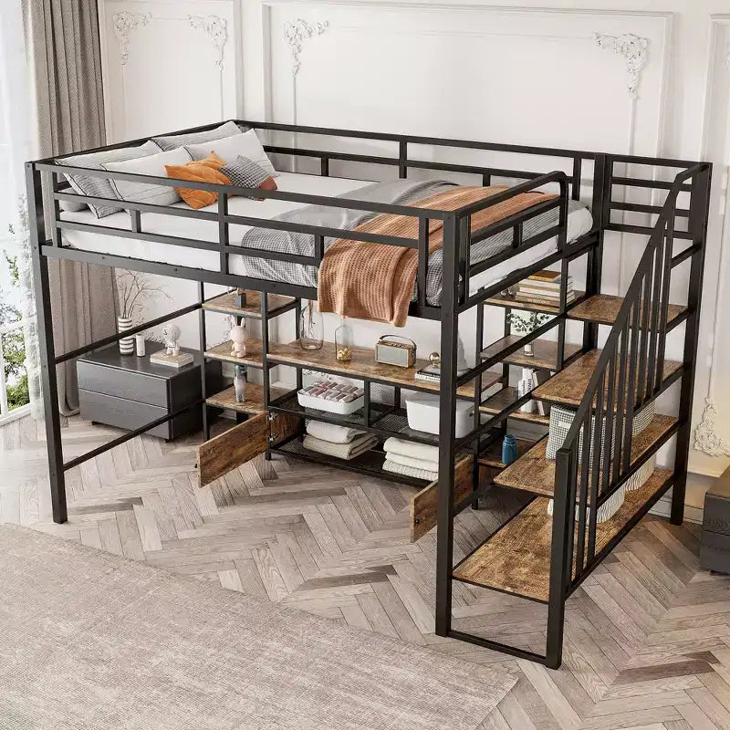 Struttura letto a soppalco in metallo full size con scala, struttura letto in metallo con tavolo basso contenitore e ripiani per bambini, ragazzi e adulti