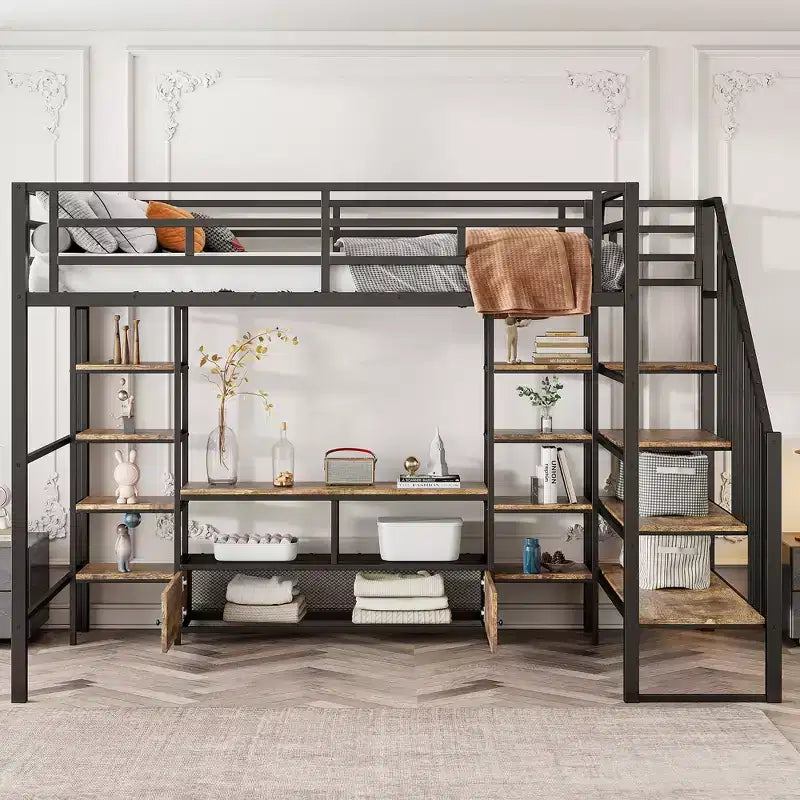 Struttura letto a soppalco in metallo full size con scala, struttura letto in metallo con tavolo basso contenitore e ripiani per bambini, ragazzi e adulti