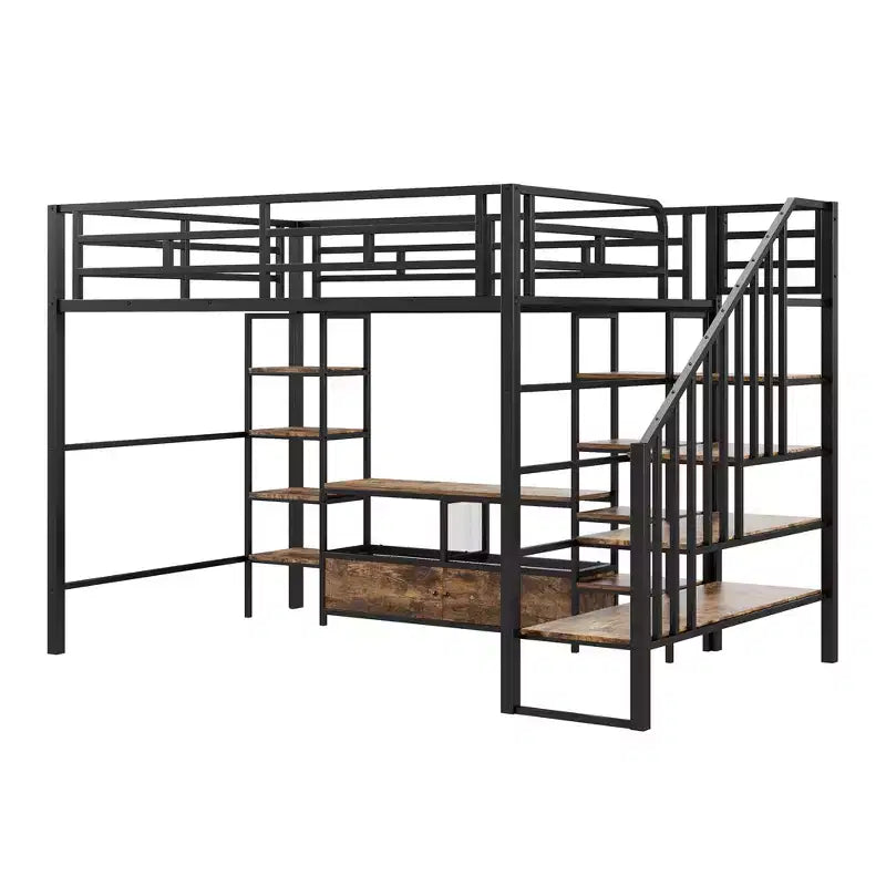 Struttura letto a soppalco in metallo full size con scala, struttura letto in metallo con tavolo basso contenitore e ripiani per bambini, ragazzi e adulti
