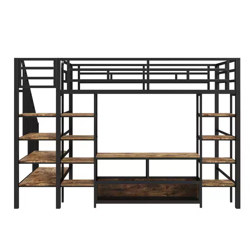 Struttura letto a soppalco in metallo full size con scala, struttura letto in metallo con tavolo basso contenitore e ripiani per bambini, ragazzi e adulti