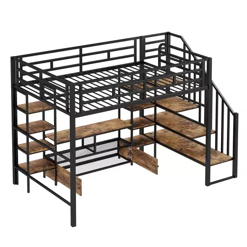 Struttura letto a soppalco in metallo full size con scala, struttura letto in metallo con tavolo basso contenitore e ripiani per bambini, ragazzi e adulti