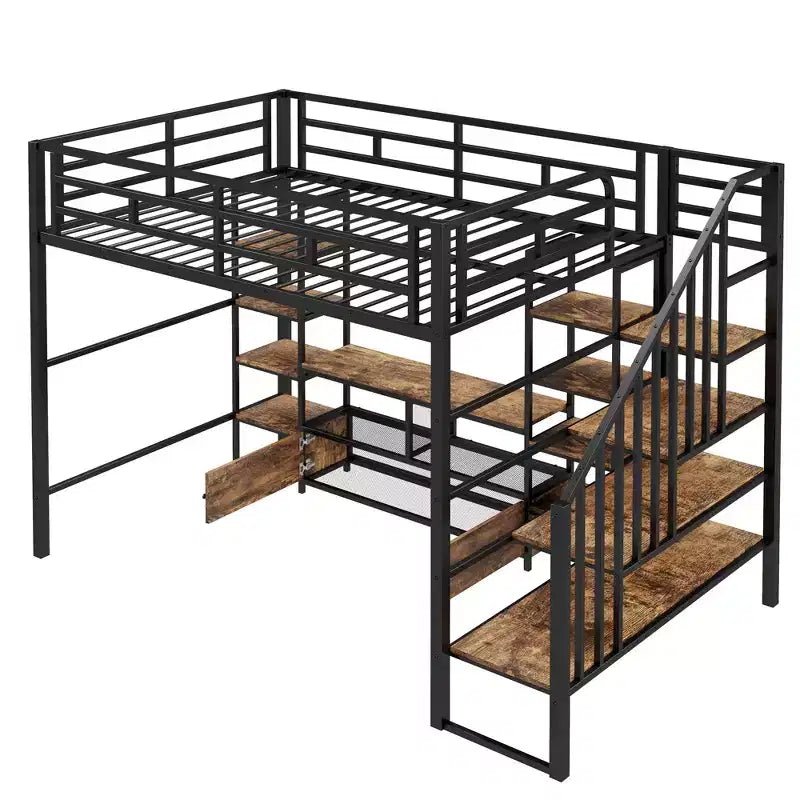 Struttura letto a soppalco in metallo full size con scala, struttura letto in metallo con tavolo basso contenitore e ripiani per bambini, ragazzi e adulti