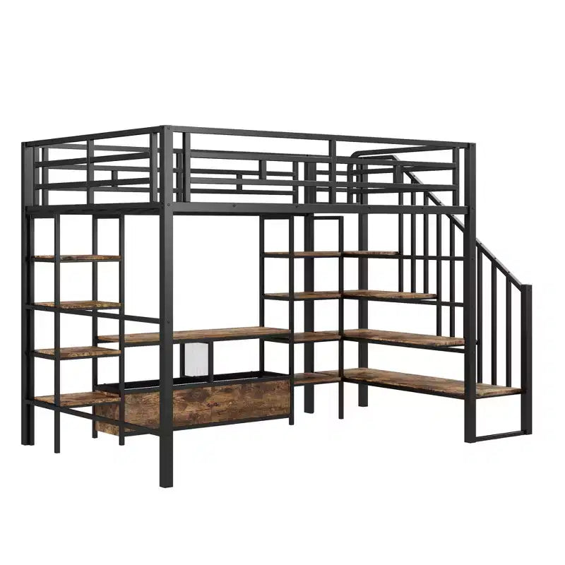 Struttura letto a soppalco in metallo full size con scala, struttura letto in metallo con tavolo basso contenitore e ripiani per bambini, ragazzi e adulti