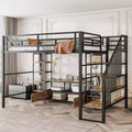 Full Size Metal Loft Bed Frame with Staircase, Metal Bed Frame with Low Storage Table and Shelves for Kids Teens Adults