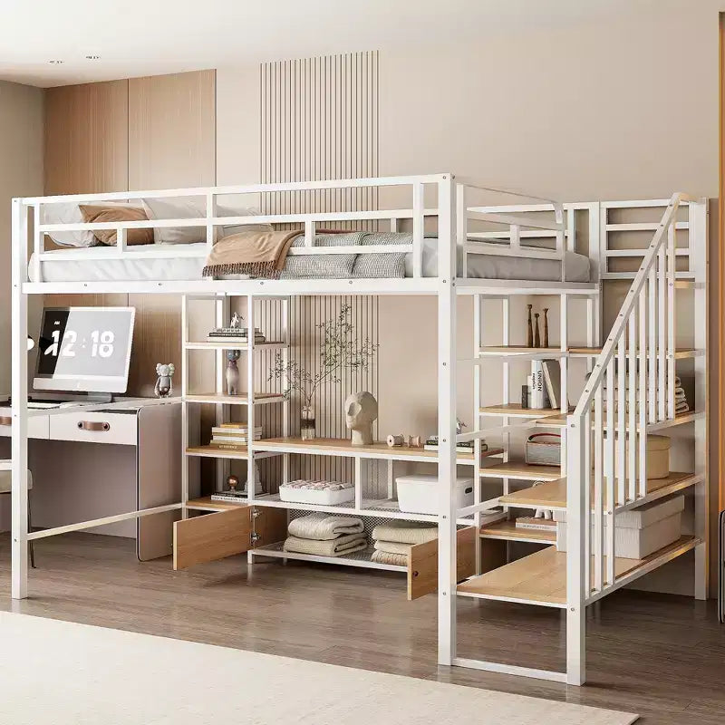 Struttura letto a soppalco in metallo full size con scala, struttura letto in metallo con tavolo basso contenitore e ripiani per bambini, ragazzi e adulti