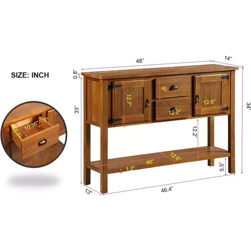 Tavolo Consolle da 48'' con 2 Cassetti e Ante e Ripiano Inferiore, in Legno, Buffet per Soggiorno Cucina Sala da Pranzo