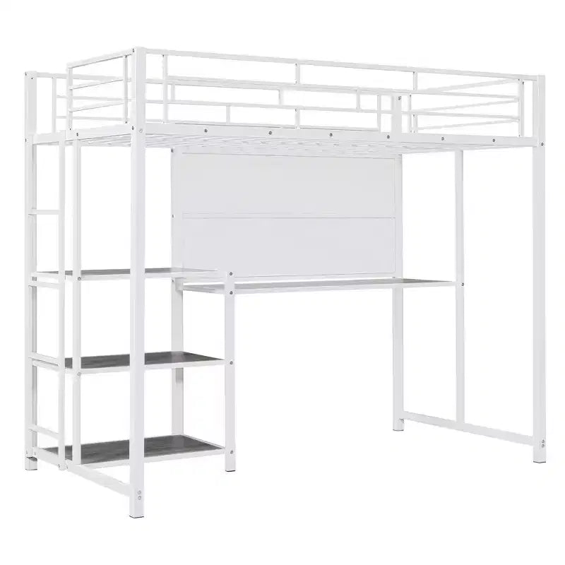 Letto a soppalco con scrivania e lavagna per bambini e bambine, letto a soppalco in metallo con 3 mensole e scaletta