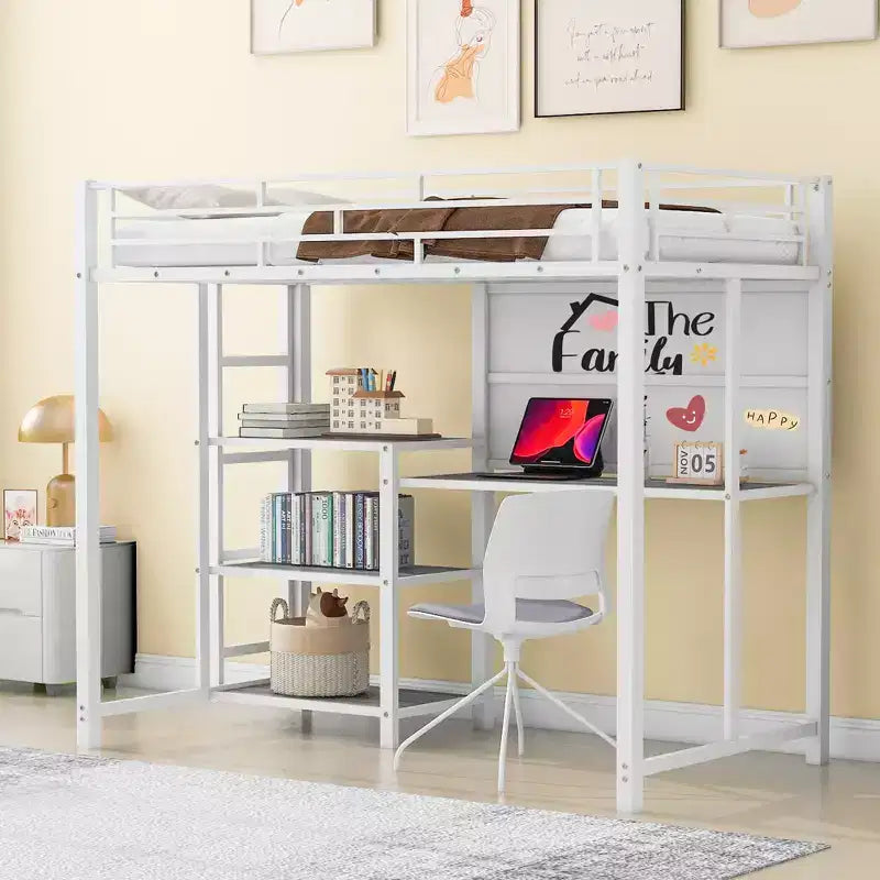 Letto a soppalco con scrivania e lavagna per bambini e bambine, letto a soppalco in metallo con 3 mensole e scaletta