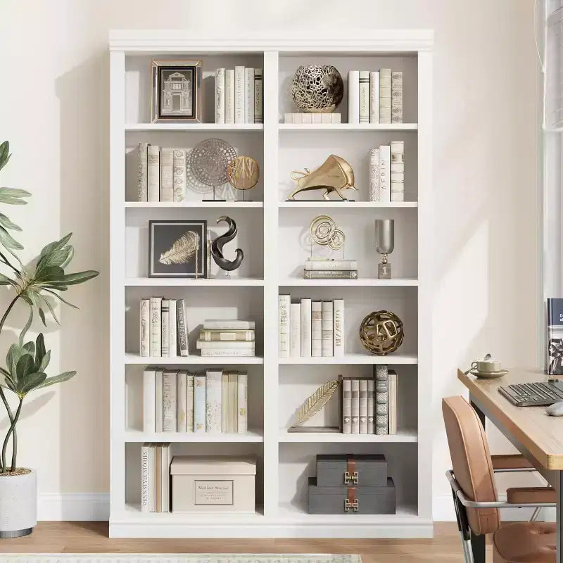 Libreria alta 74.5", libreria a 6 ripiani a doppia larghezza con 12 scomparti, libreria autoportante grande per soggiorno, ufficio, biblioteca