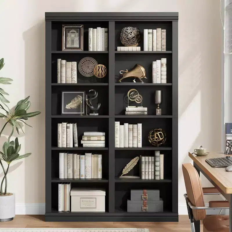 Libreria alta 74.5", libreria a 6 ripiani a doppia larghezza con 12 scomparti, libreria autoportante grande per soggiorno, ufficio, biblioteca