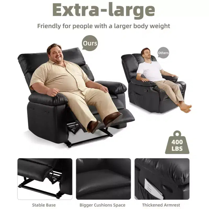 Poltrona Reclinabile Girevole a Dondolo Oversize - Reclinabile Manuale in Pelle PU Extra Larga per Adulti, Grande Poltrona Relax con Funzioni Riscaldamento e Massaggio