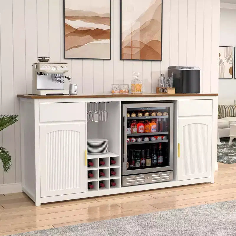 Mobile bar extra lungo da 199,9 cm con spazio per il frigo, portabottiglie, porta calici e presa di corrente integrata