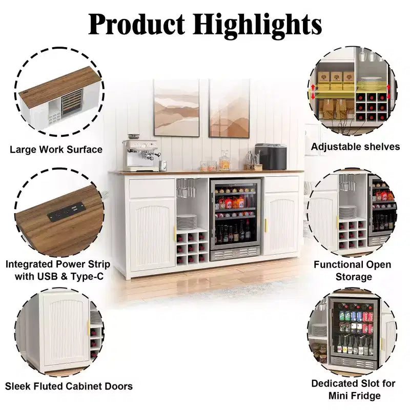 Mobile bar extra lungo da 199,9 cm con spazio per il frigo, portabottiglie, porta calici e presa di corrente integrata