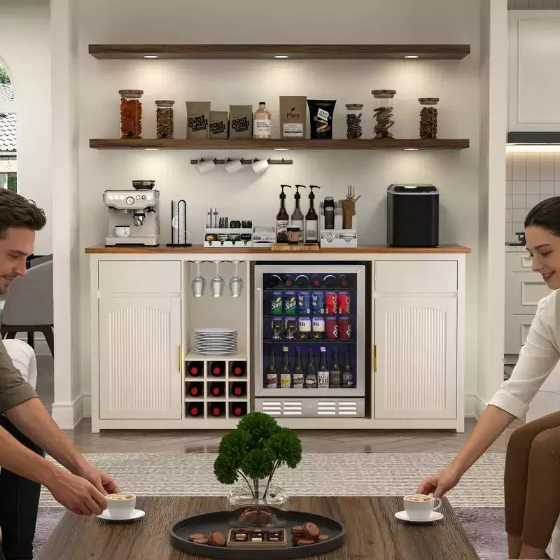 Mobile bar extra lungo da 199,9 cm con spazio per il frigo, portabottiglie, porta calici e presa di corrente integrata