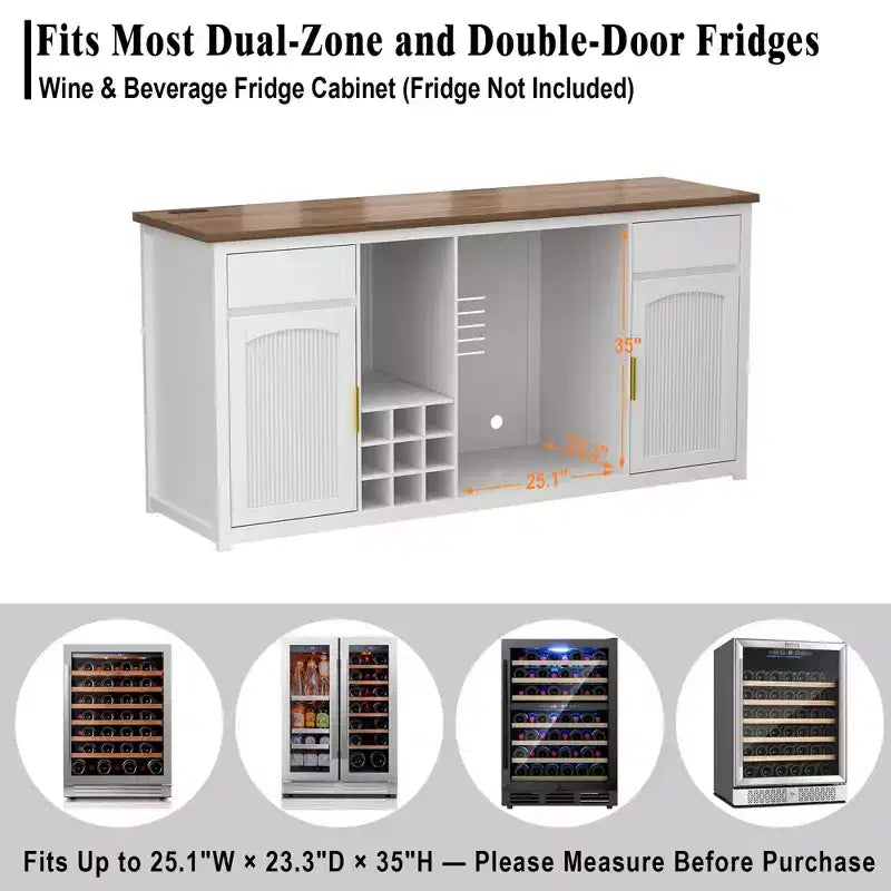 Mobile bar extra lungo da 199,9 cm con spazio per il frigo, portabottiglie, porta calici e presa di corrente integrata