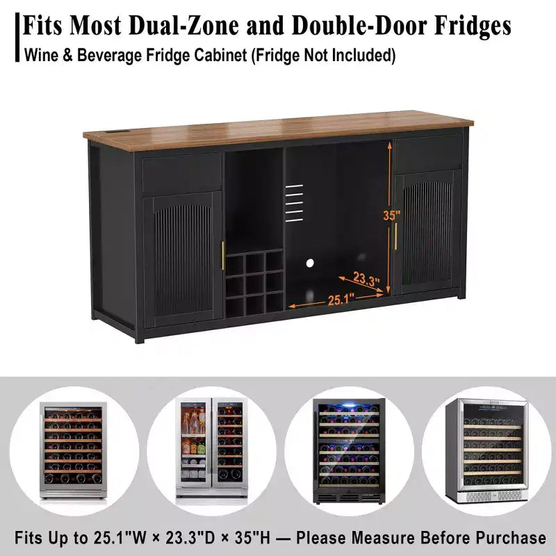 Mobile bar extra lungo da 199,9 cm con spazio per il frigo, portabottiglie, porta calici e presa di corrente integrata