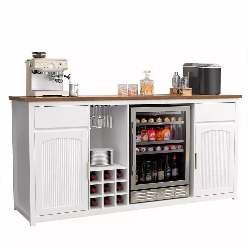Mobile bar extra lungo da 199,9 cm con spazio per il frigo, portabottiglie, porta calici e presa di corrente integrata