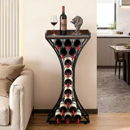 Cantinetta portabottiglie da terra a 15 posti con ripiano in legno, struttura in ferro, nero e marrone, altezza 89,4 cm