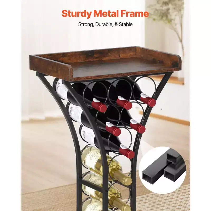Cantinetta portabottiglie da terra a 15 posti con ripiano in legno, struttura in ferro, nero e marrone, altezza 89,4 cm