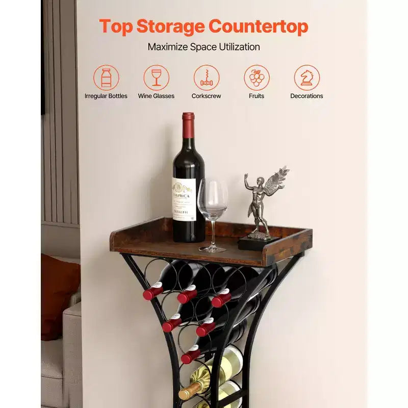 Cantinetta portabottiglie da terra a 15 posti con ripiano in legno, struttura in ferro, nero e marrone, altezza 89,4 cm