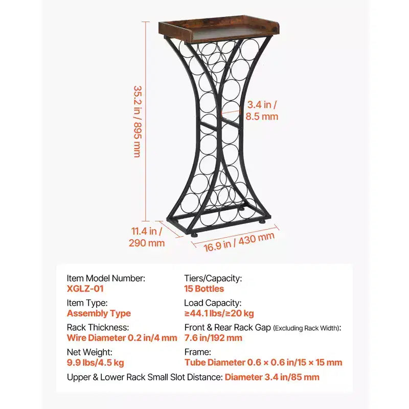Cantinetta portabottiglie da terra a 15 posti con ripiano in legno, struttura in ferro, nero e marrone, altezza 89,4 cm