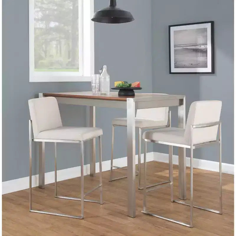 Set di 3 sgabelli da bar alti, struttura in acciaio inossidabile con sedile in tessuto beige
