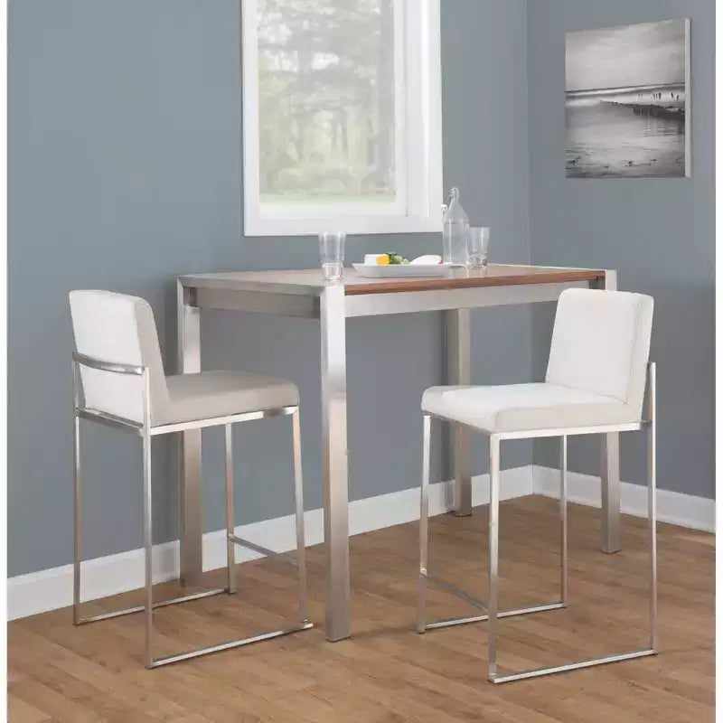Set di 3 sgabelli da bar alti, struttura in acciaio inossidabile con sedile in tessuto beige