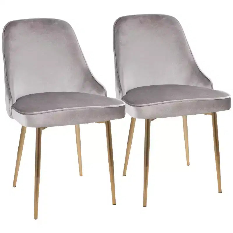 Set di 2 sedie da pranzo in velluto con gambe cromate e protezioni per pavimenti, oro argento