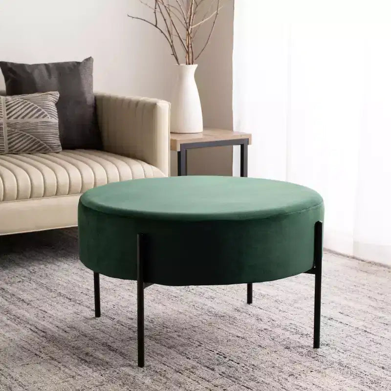 Pouf rotondo da cocktail, rivestito in velluto con gambe in metallo, 80 cm, verde malachite